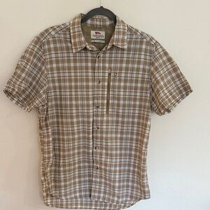 Fjallraven sz M Abisko Hoke Shirt Tan and White Plaid Button Down Shirt VGUC